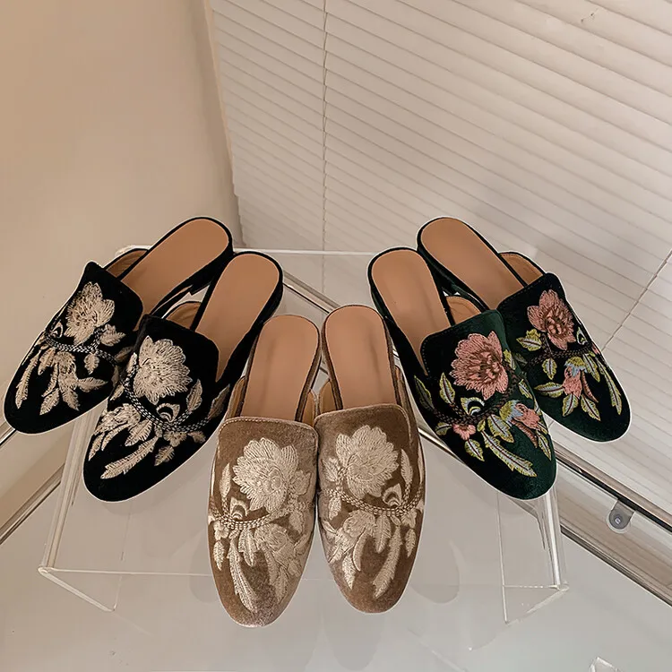 Spring Embroidered Toe-Up Flat Half-Slip Mules for Women 3-21e