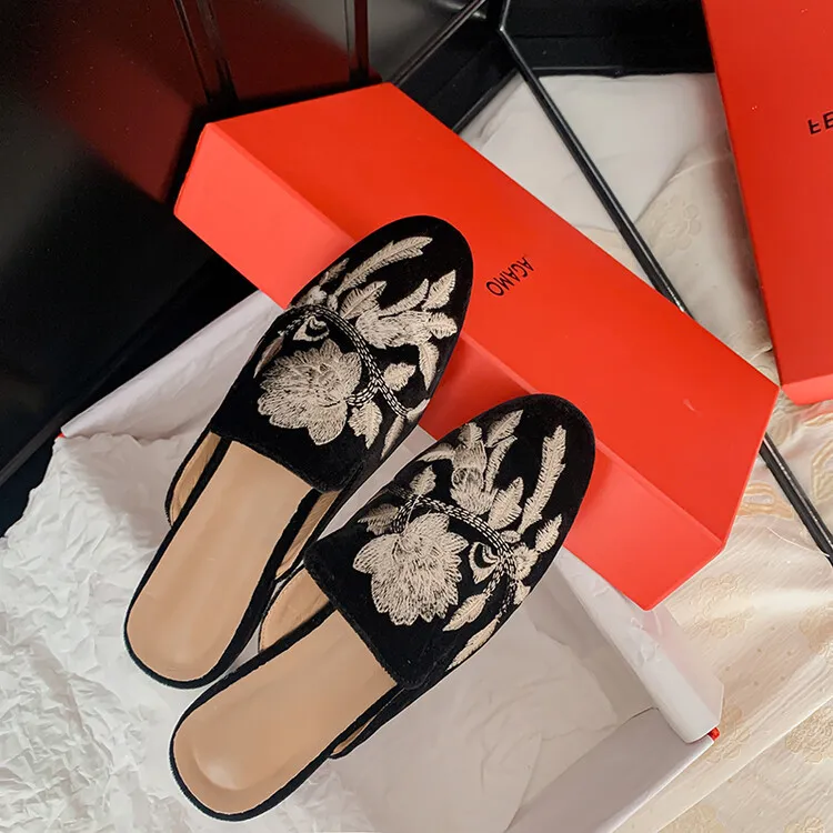 Spring Embroidered Toe-Up Flat Half-Slip Mules for Women 3-21e
