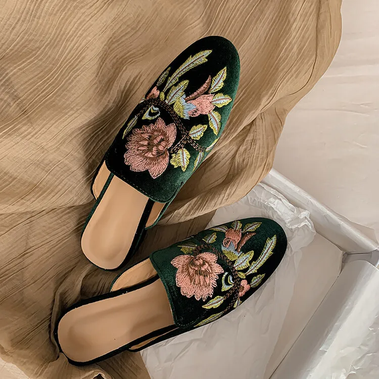 Spring Embroidered Toe-Up Flat Half-Slip Mules for Women 3-21e