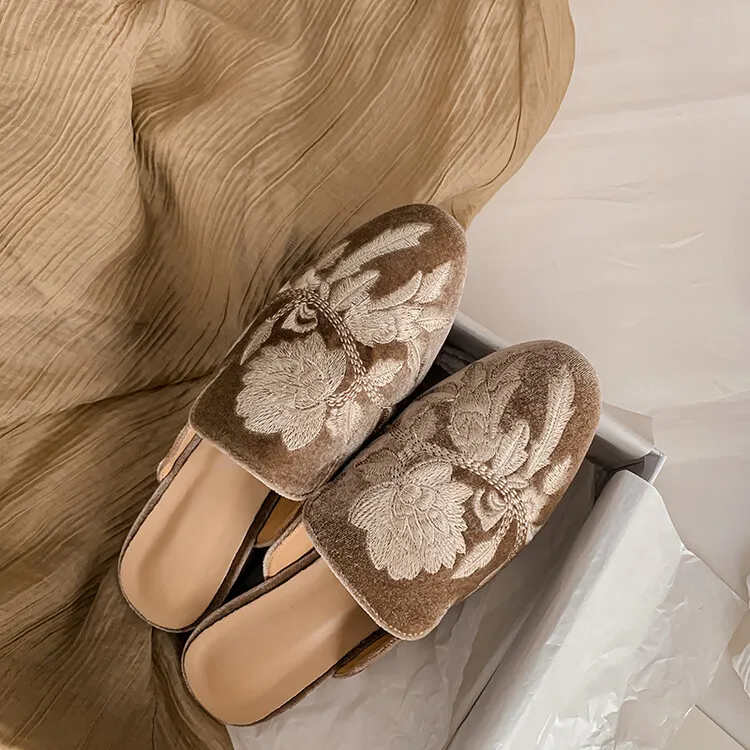 Spring Embroidered Toe-Up Flat Half-Slip Mules for Women 3-21e