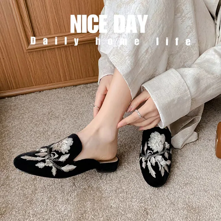 Spring Embroidered Toe-Up Flat Half-Slip Mules for Women 3-21e