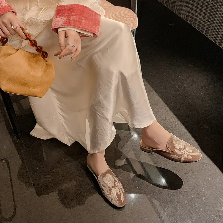 Spring Embroidered Toe-Up Flat Half-Slip Mules for Women 3-21e