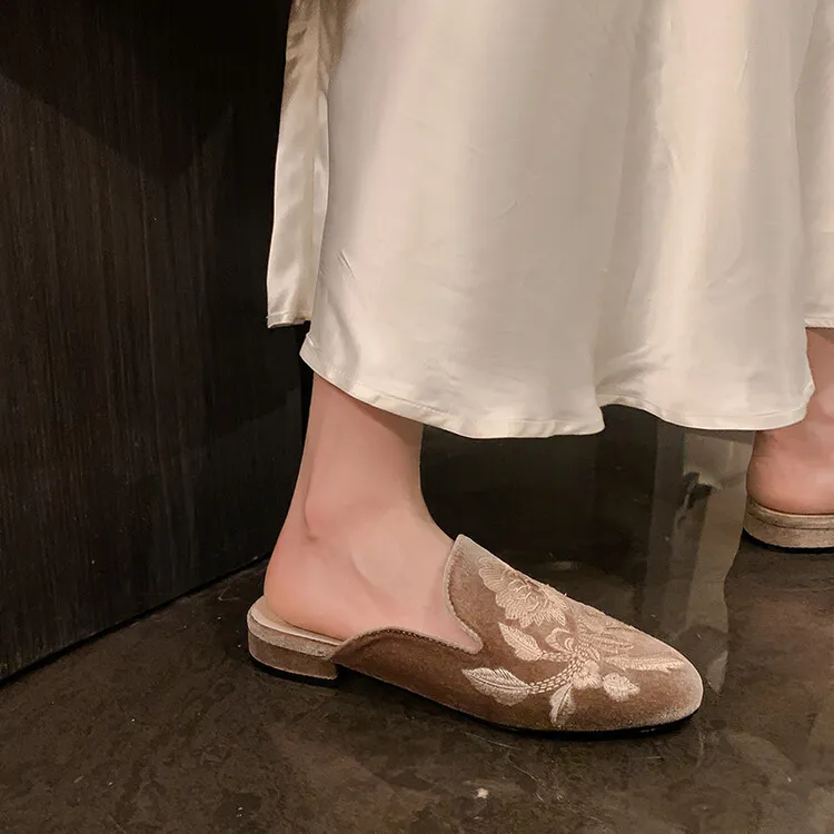 Spring Embroidered Toe-Up Flat Half-Slip Mules for Women 3-21e