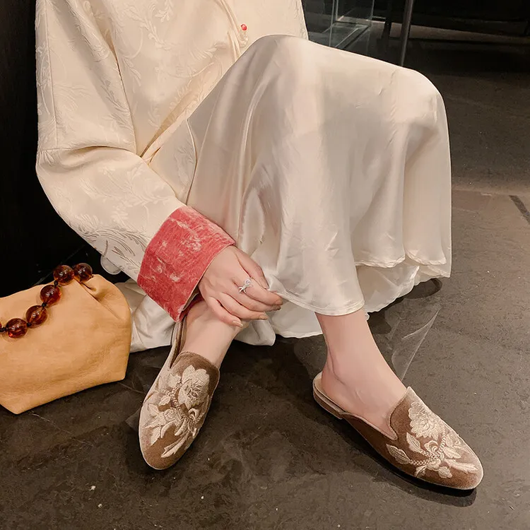 Spring Embroidered Toe-Up Flat Half-Slip Mules for Women 3-21e