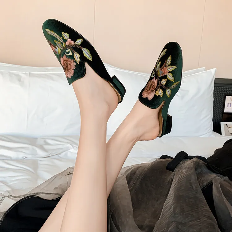 Spring Embroidered Toe-Up Flat Half-Slip Mules for Women 3-21e