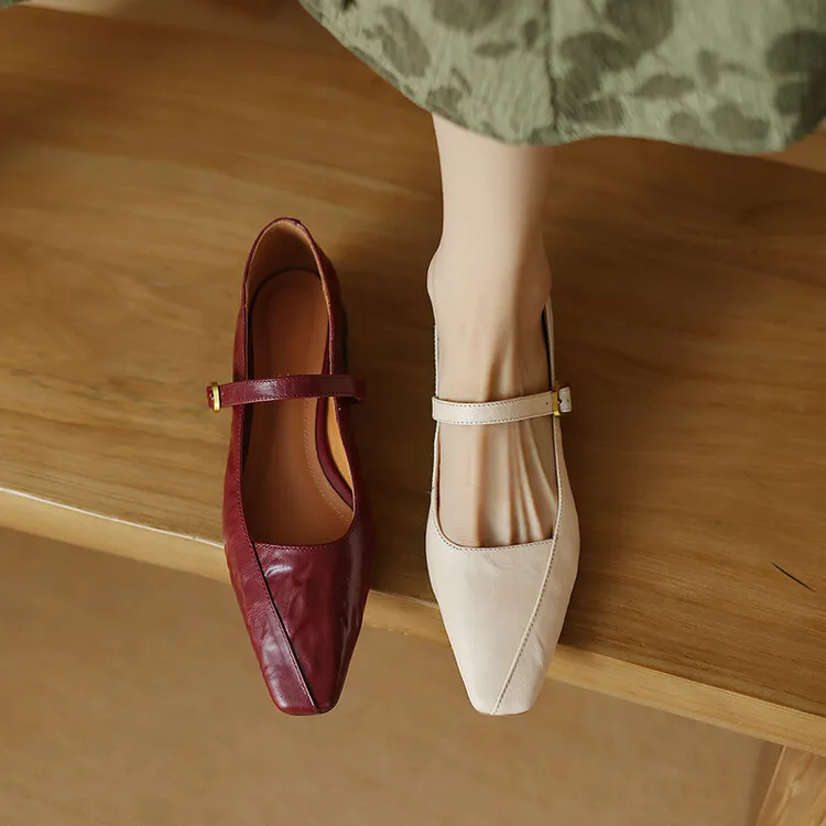French retro sheepskin Mary Jane shoes, one-strap square toe, low-cut chunky heel, fashion style.