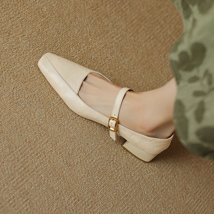 French retro sheepskin Mary Jane shoes, one-strap square toe, low-cut chunky heel, fashion style.
