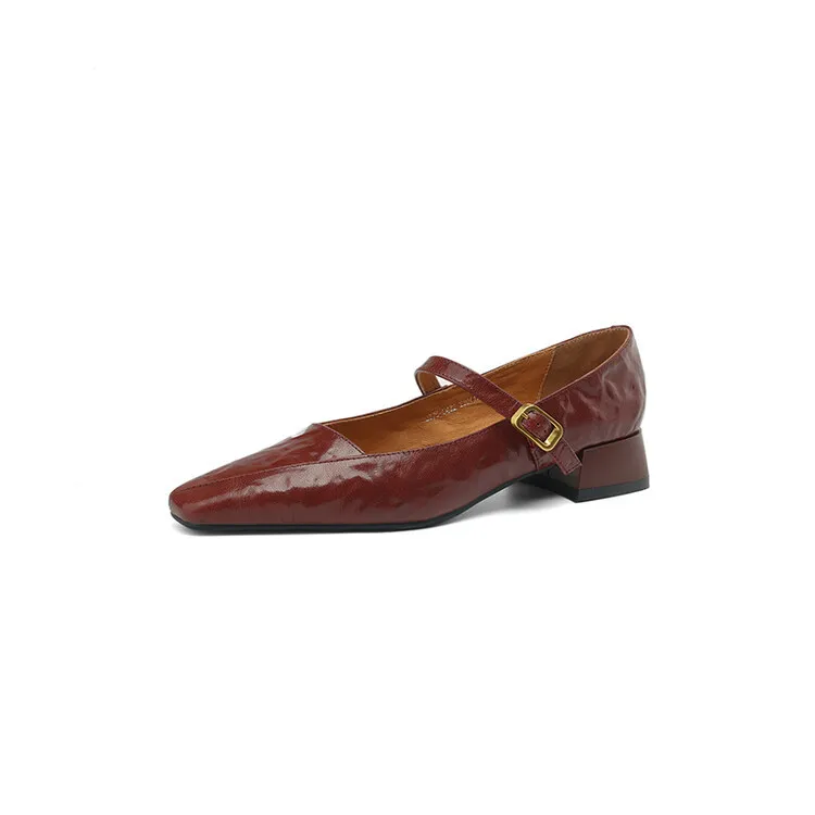 French retro sheepskin Mary Jane shoes, one-strap square toe, low-cut chunky heel, fashion style.