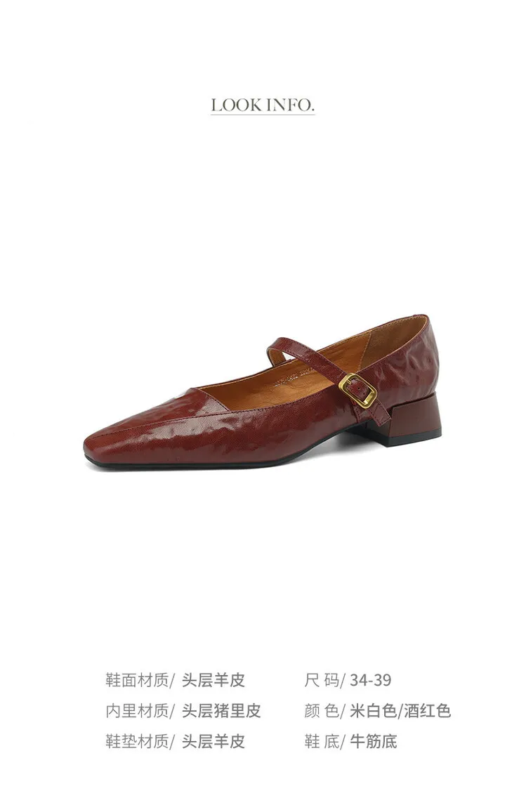 French retro sheepskin Mary Jane shoes, one-strap square toe, low-cut chunky heel, fashion style.