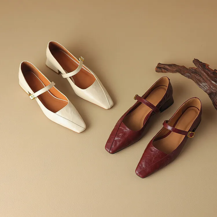 French retro sheepskin Mary Jane shoes, one-strap square toe, low-cut chunky heel, fashion style.