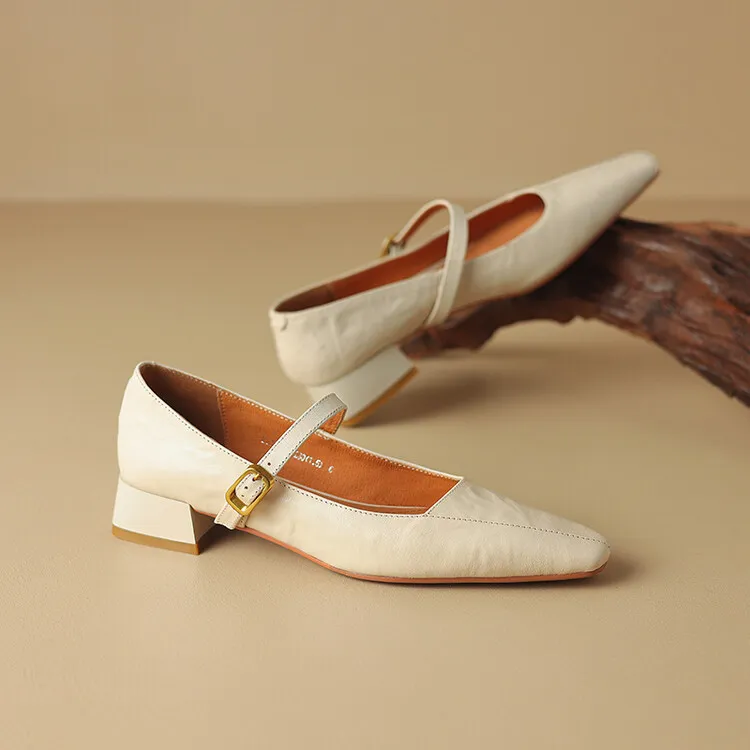 French retro sheepskin Mary Jane shoes, one-strap square toe, low-cut chunky heel, fashion style.