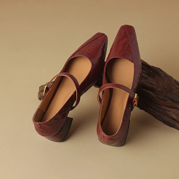 French retro sheepskin Mary Jane shoes, one-strap square toe, low-cut chunky heel, fashion style.