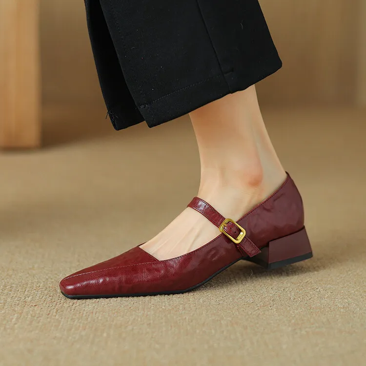 French retro sheepskin Mary Jane shoes, one-strap square toe, low-cut chunky heel, fashion style.