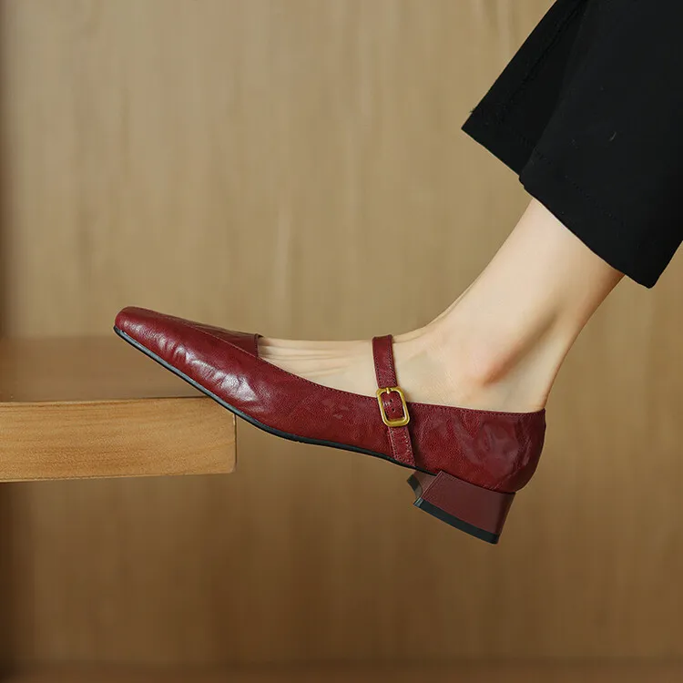 French retro sheepskin Mary Jane shoes, one-strap square toe, low-cut chunky heel, fashion style.