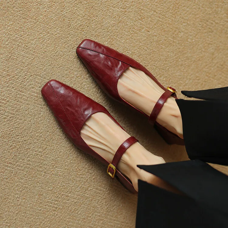 French retro sheepskin Mary Jane shoes, one-strap square toe, low-cut chunky heel, fashion style.