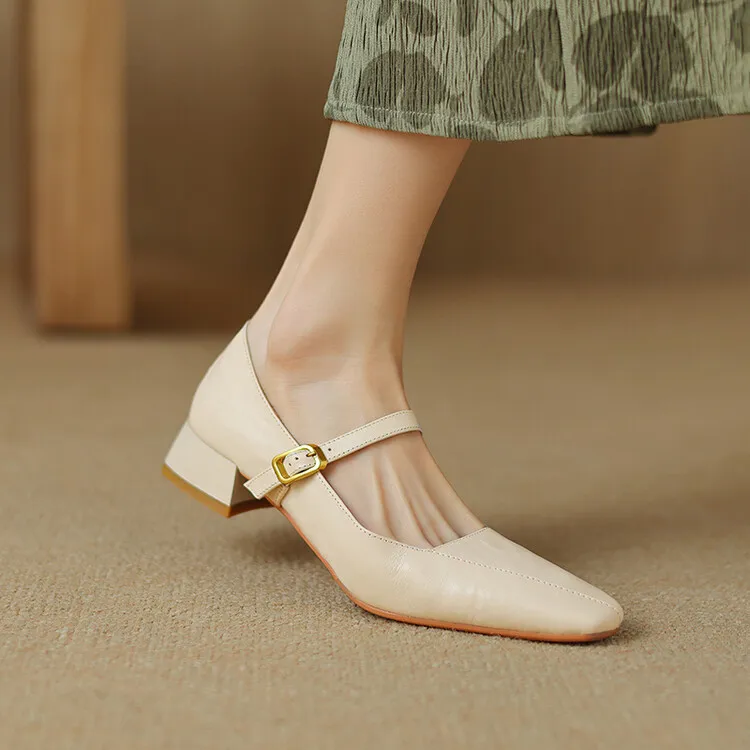 French retro sheepskin Mary Jane shoes, one-strap square toe, low-cut chunky heel, fashion style.