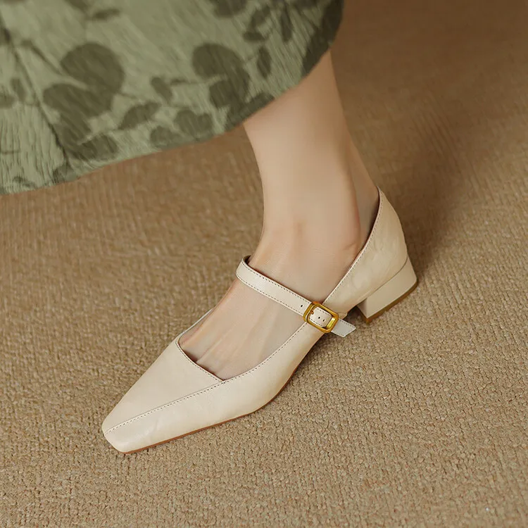 French retro sheepskin Mary Jane shoes, one-strap square toe, low-cut chunky heel, fashion style.