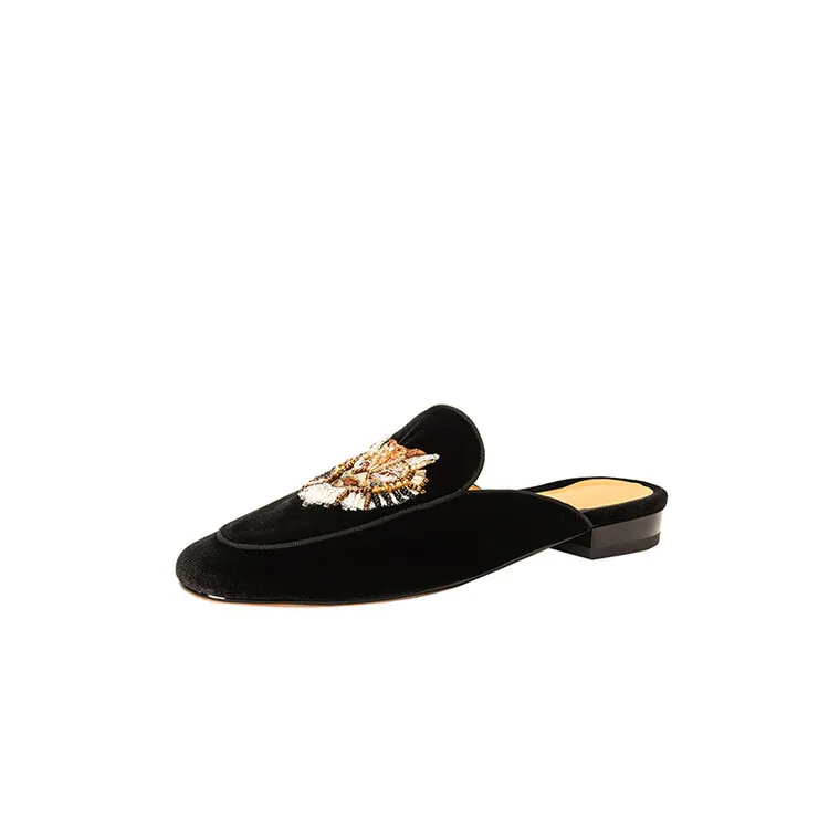 Chinese style embroidered tiger head slippers, round toe, slip-on, embroidered outerwear sandals, women's shoes, 3-25d