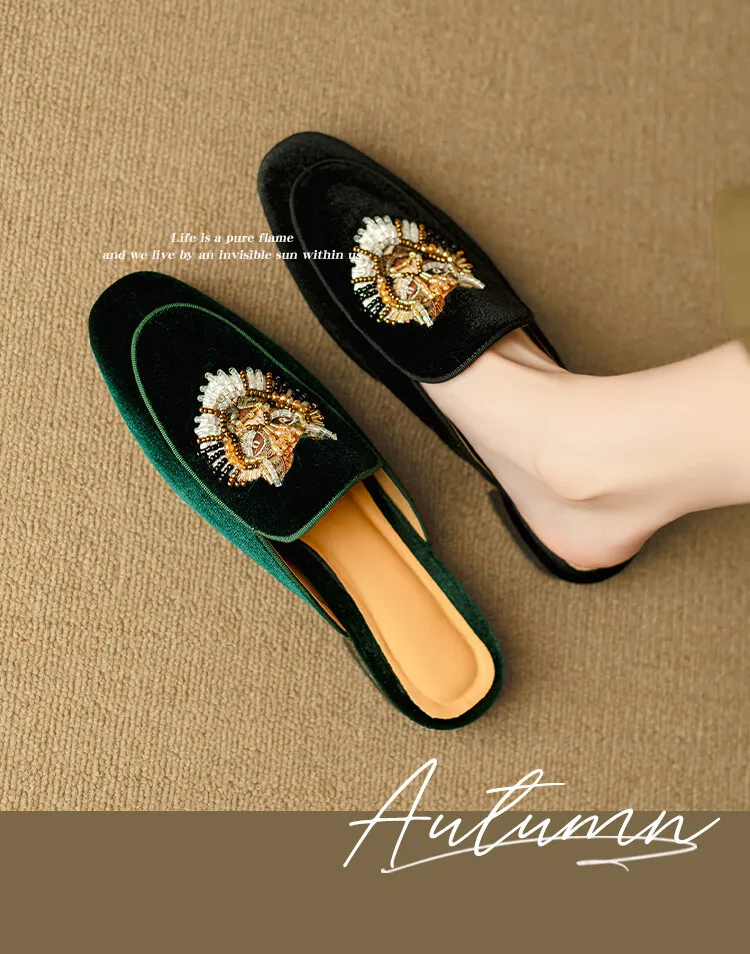 Chinese style embroidered tiger head slippers, round toe, slip-on, embroidered outerwear sandals, women's shoes, 3-25d