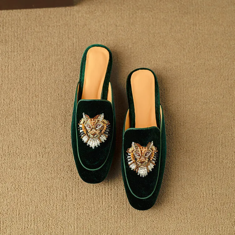 Chinese style embroidered tiger head slippers, round toe, slip-on, embroidered outerwear sandals, women's shoes, 3-25d