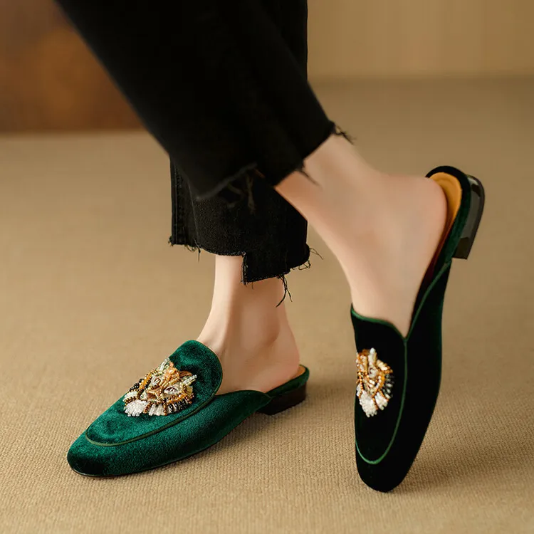 Chinese style embroidered tiger head slippers, round toe, slip-on, embroidered outerwear sandals, women's shoes, 3-25d