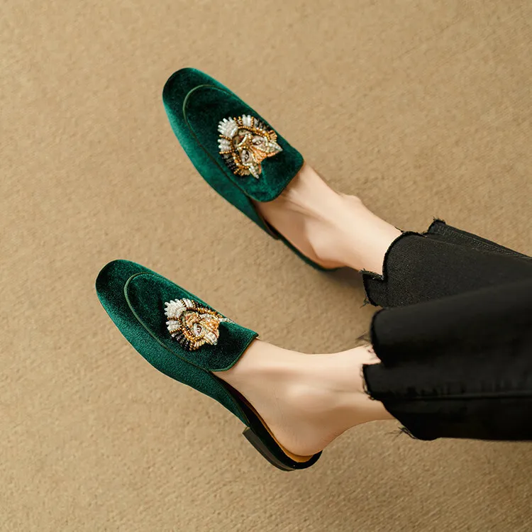 Chinese style embroidered tiger head slippers, round toe, slip-on, embroidered outerwear sandals, women's shoes, 3-25d