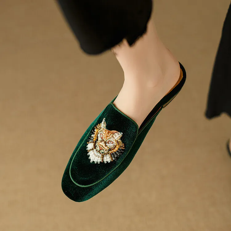 Chinese style embroidered tiger head slippers, round toe, slip-on, embroidered outerwear sandals, women's shoes, 3-25d