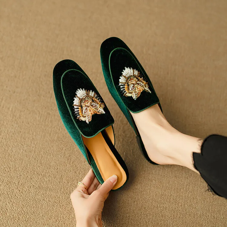 Chinese style embroidered tiger head slippers, round toe, slip-on, embroidered outerwear sandals, women's shoes, 3-25d