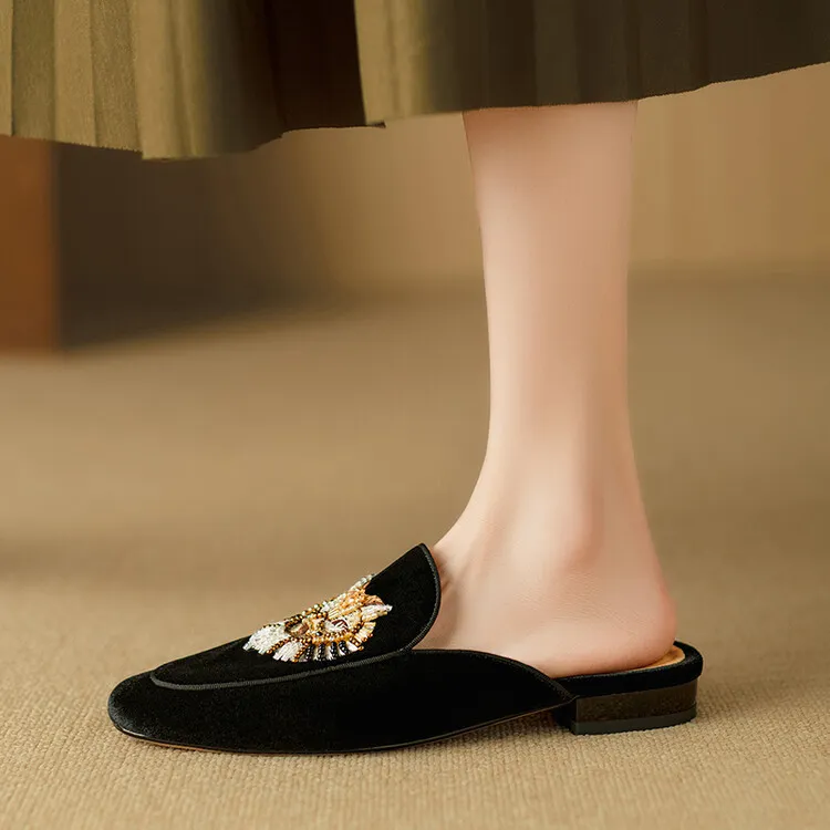 Chinese style embroidered tiger head slippers, round toe, slip-on, embroidered outerwear sandals, women's shoes, 3-25d