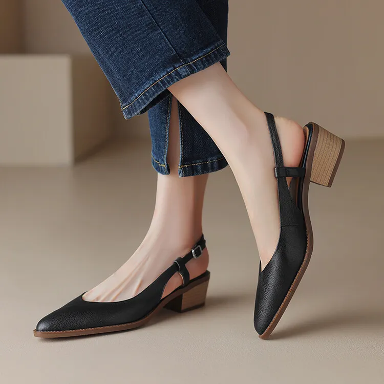 Spring style pointed toe closed toe open back sandals chunky heel mid-heel new Chinese style buckle sandals plus size women's shoes