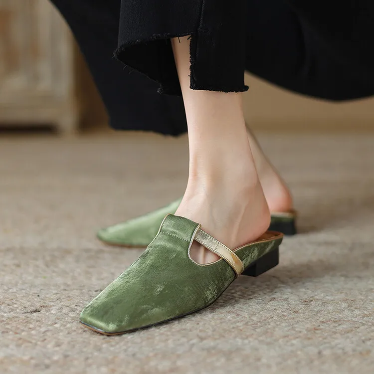 Handmade cowhide retro-style closed-toe half slippers for women, summer wear, square toe sandals, mules, sizes 3-25