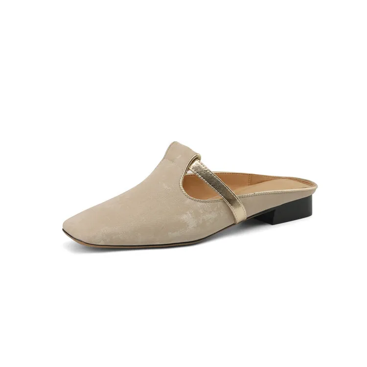 Handmade cowhide retro-style closed-toe half slippers for women, summer wear, square toe sandals, mules, sizes 3-25