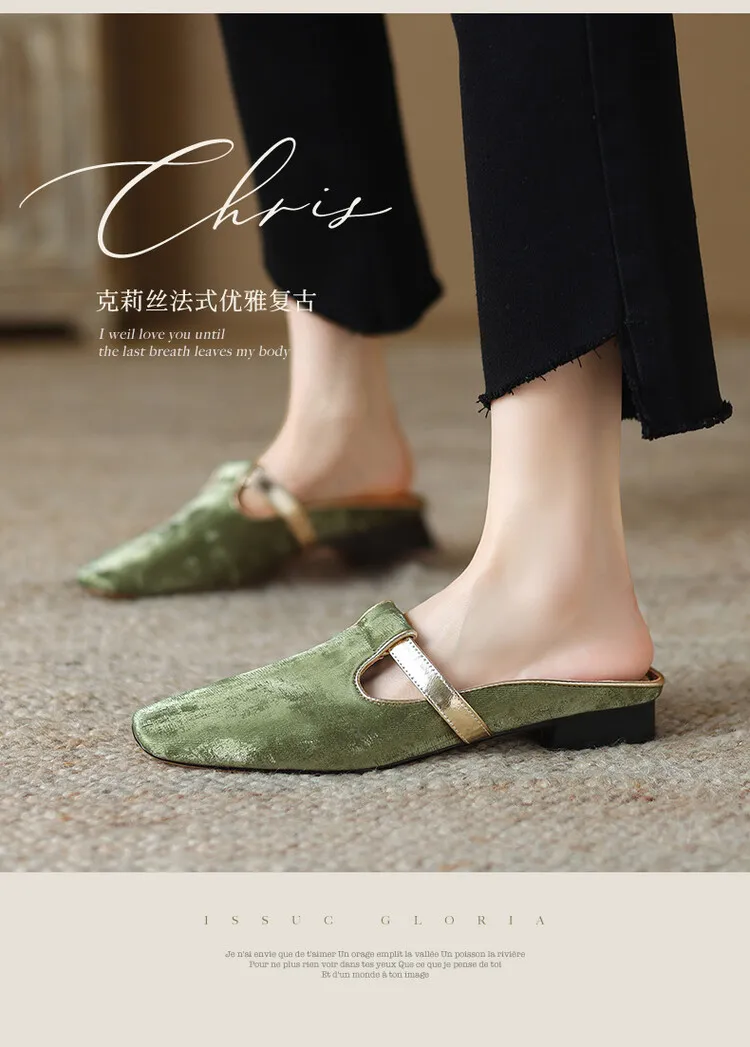 Handmade cowhide retro-style closed-toe half slippers for women, summer wear, square toe sandals, mules, sizes 3-25