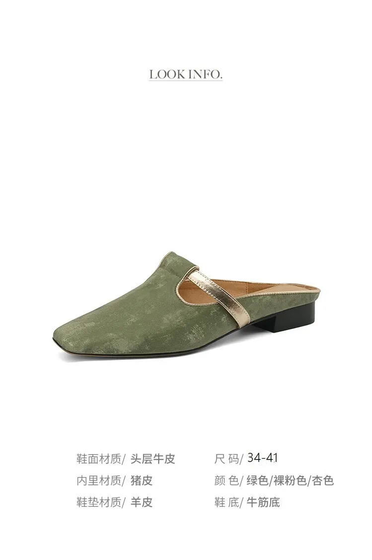 Handmade cowhide retro-style closed-toe half slippers for women, summer wear, square toe sandals, mules, sizes 3-25