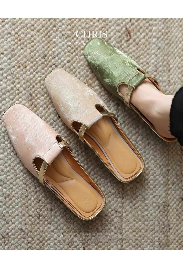 Handmade cowhide retro-style closed-toe half slippers for women, summer wear, square toe sandals, mules, sizes 3-25