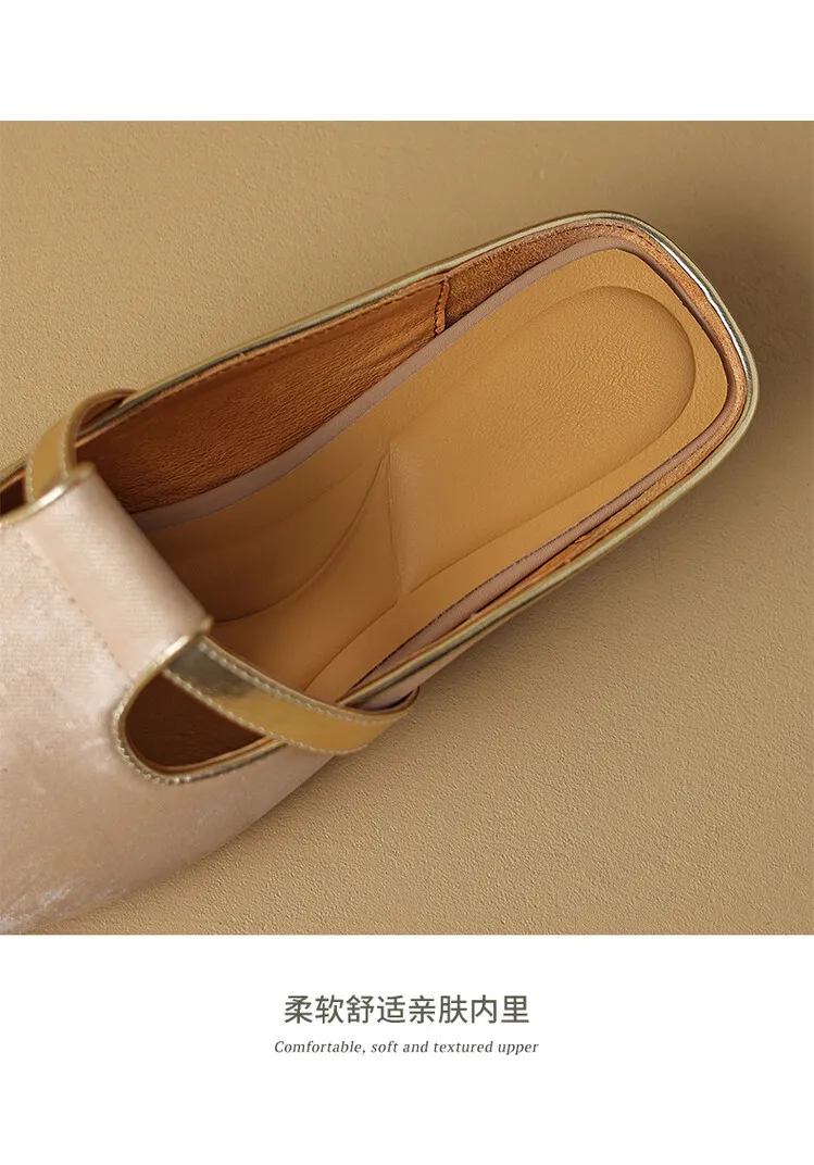Handmade cowhide retro-style closed-toe half slippers for women, summer wear, square toe sandals, mules, sizes 3-25