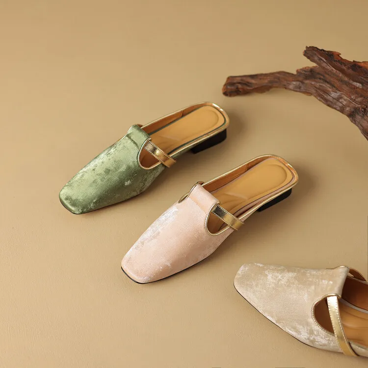 Handmade cowhide retro-style closed-toe half slippers for women, summer wear, square toe sandals, mules, sizes 3-25