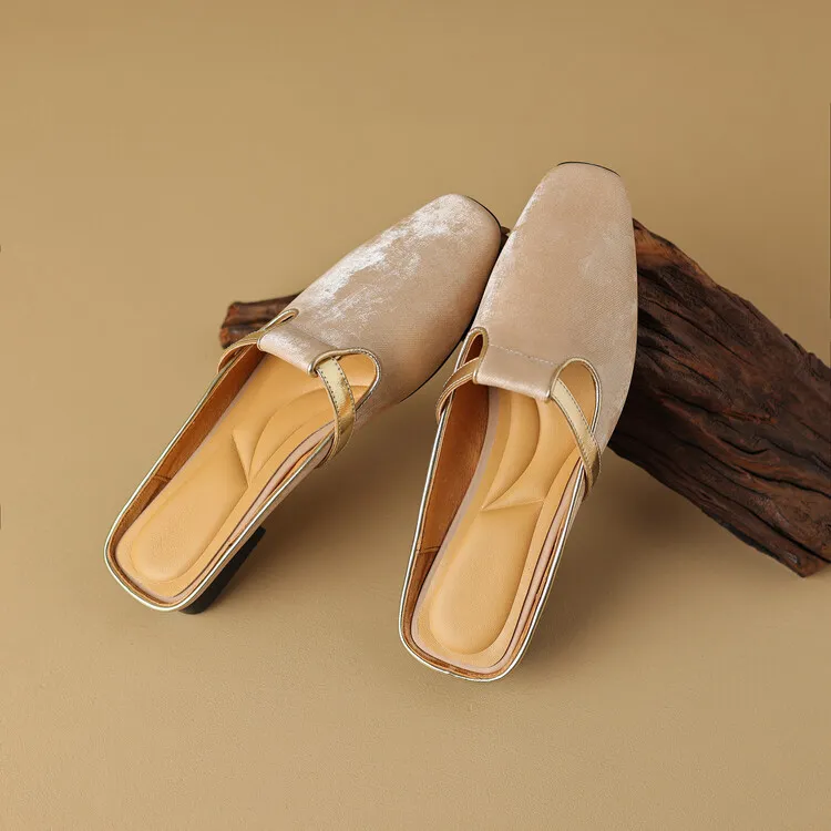 Handmade cowhide retro-style closed-toe half slippers for women, summer wear, square toe sandals, mules, sizes 3-25