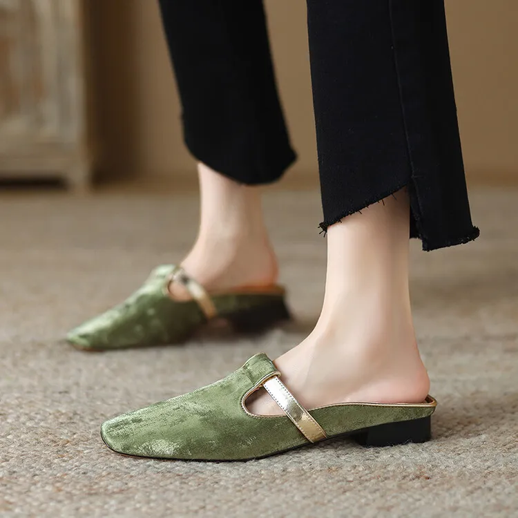 Handmade cowhide retro-style closed-toe half slippers for women, summer wear, square toe sandals, mules, sizes 3-25