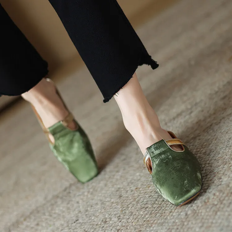 Handmade cowhide retro-style closed-toe half slippers for women, summer wear, square toe sandals, mules, sizes 3-25