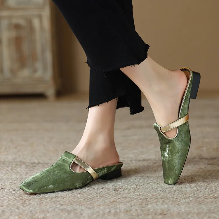 Handmade cowhide retro-style closed-toe half slippers for women, summer wear, square toe sandals, mules, sizes 3-25