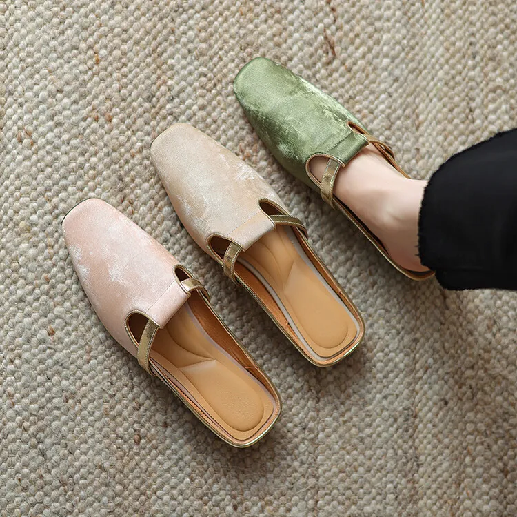 Handmade cowhide retro-style closed-toe half slippers for women, summer wear, square toe sandals, mules, sizes 3-25