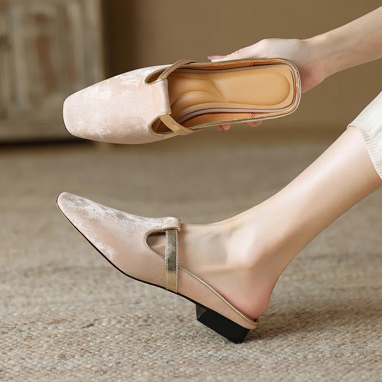 Handmade cowhide retro-style closed-toe half slippers for women, summer wear, square toe sandals, mules, sizes 3-25