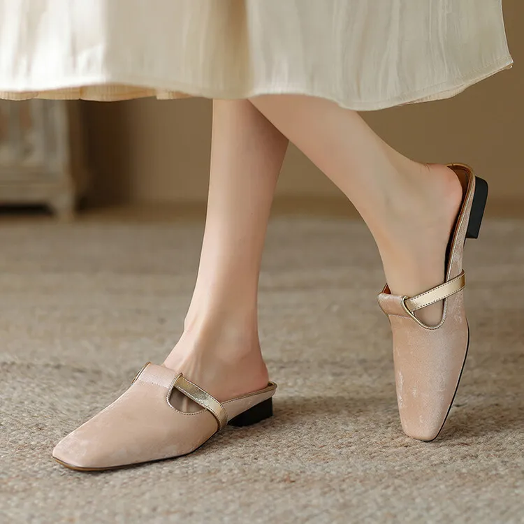 Handmade cowhide retro-style closed-toe half slippers for women, summer wear, square toe sandals, mules, sizes 3-25