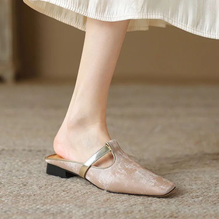 Handmade cowhide retro-style closed-toe half slippers for women, summer wear, square toe sandals, mules, sizes 3-25