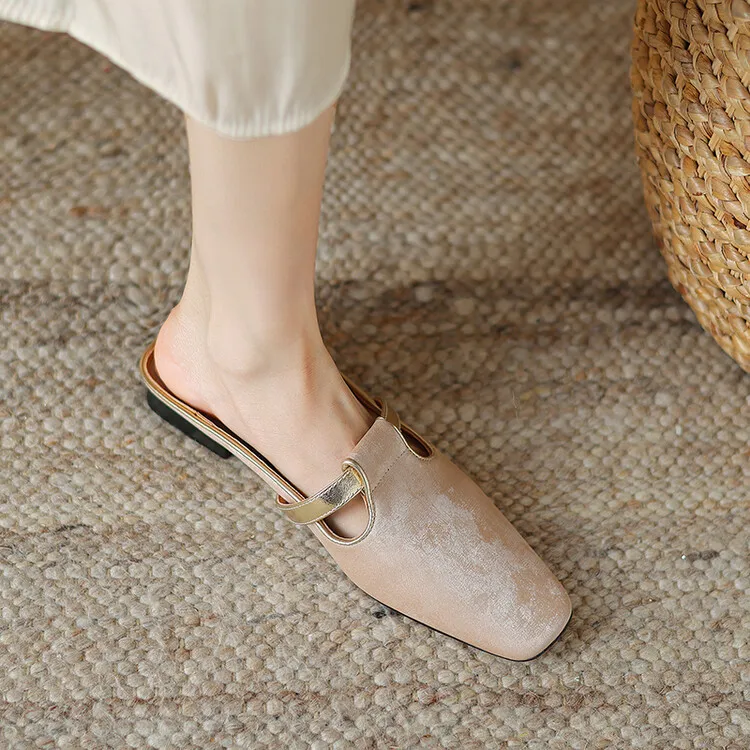 Handmade cowhide retro-style closed-toe half slippers for women, summer wear, square toe sandals, mules, sizes 3-25