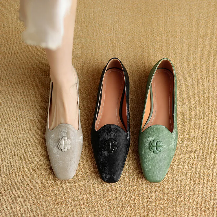 New Chinese style silk cowhide flower loafers, spring fashion square toe shallow mouth single shoes 3-29a