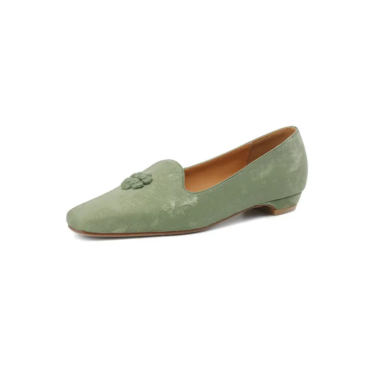New Chinese style silk cowhide flower loafers, spring fashion square toe shallow mouth single shoes 3-29a