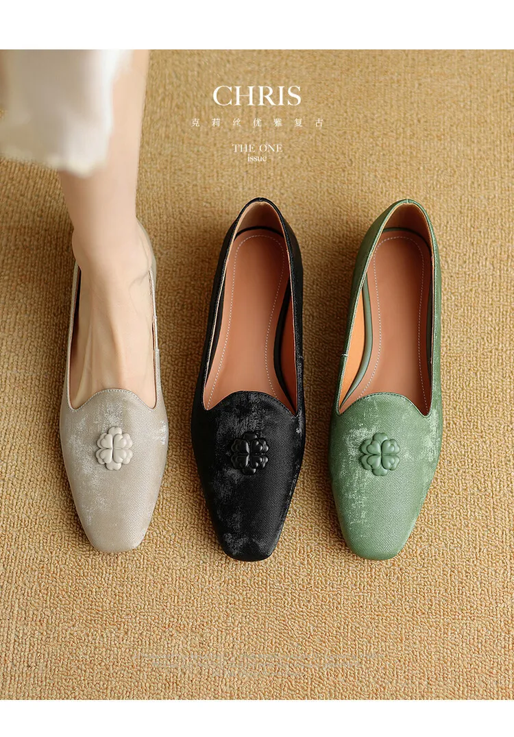 New Chinese style silk cowhide flower loafers, spring fashion square toe shallow mouth single shoes 3-29a