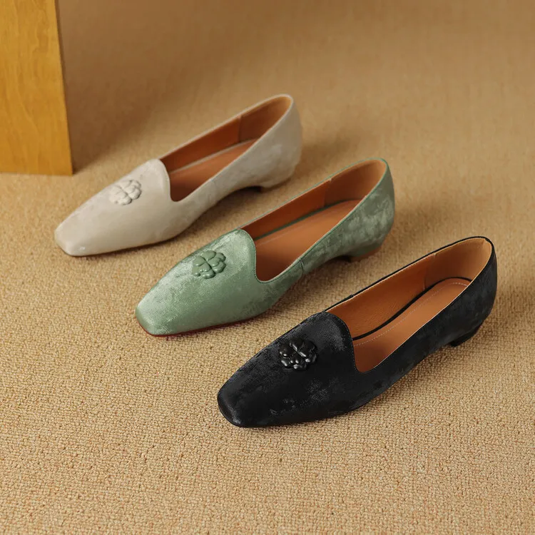 New Chinese style silk cowhide flower loafers, spring fashion square toe shallow mouth single shoes 3-29a